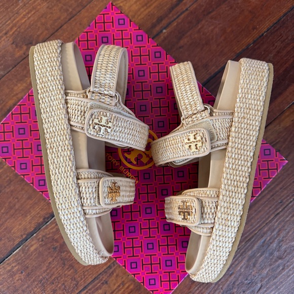 NEW IN BOX Tory Burch Kira Sport Sandal Natural Raffia Havana Sand Platform 8.5 - Picture 9 of 12